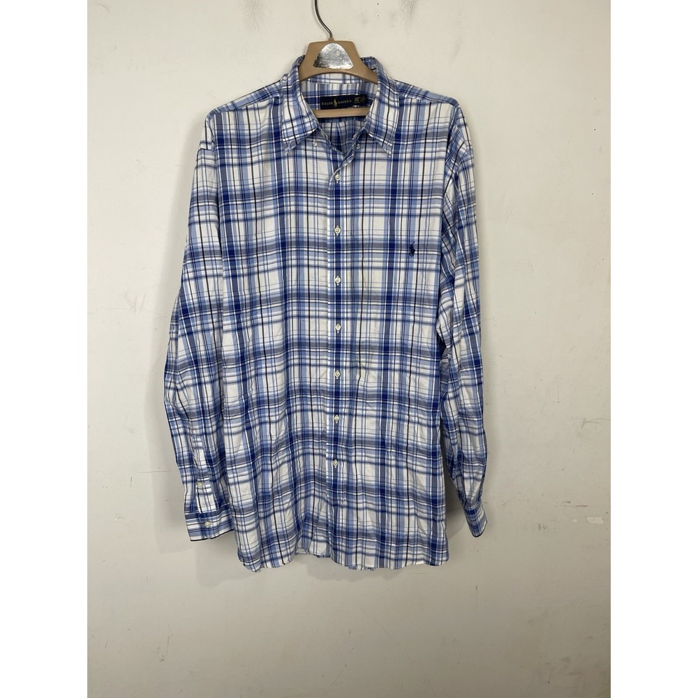 RALPH LAUREN Men Shirt 2XLT Blue Plaid Button Up Preppy Old Money Country